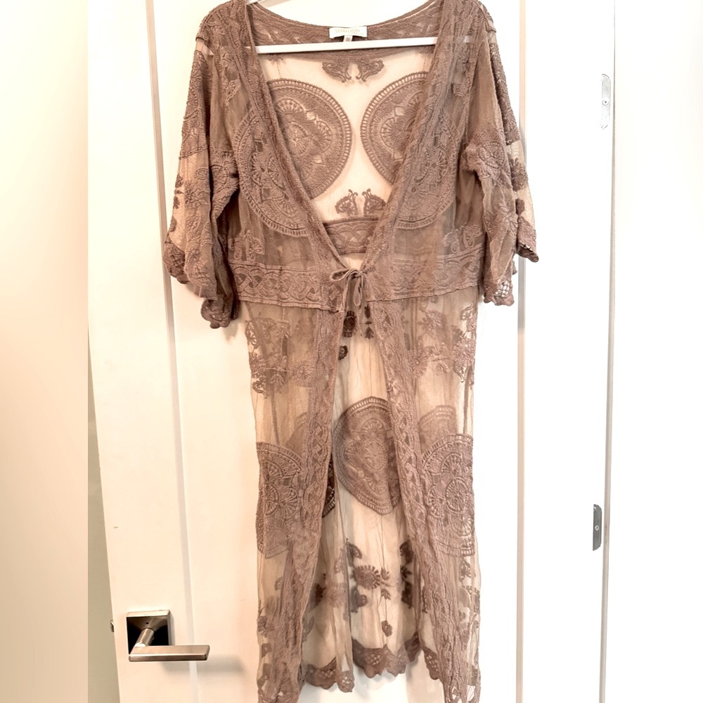 Rebellion Lace Sheer Robe in Taupe Beige